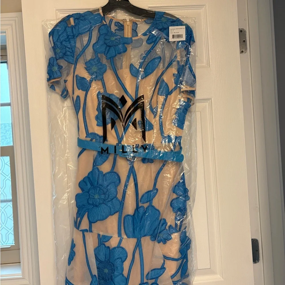 Milly Blue Floral Dress with Sheer Overlay - Picture 2 of 3